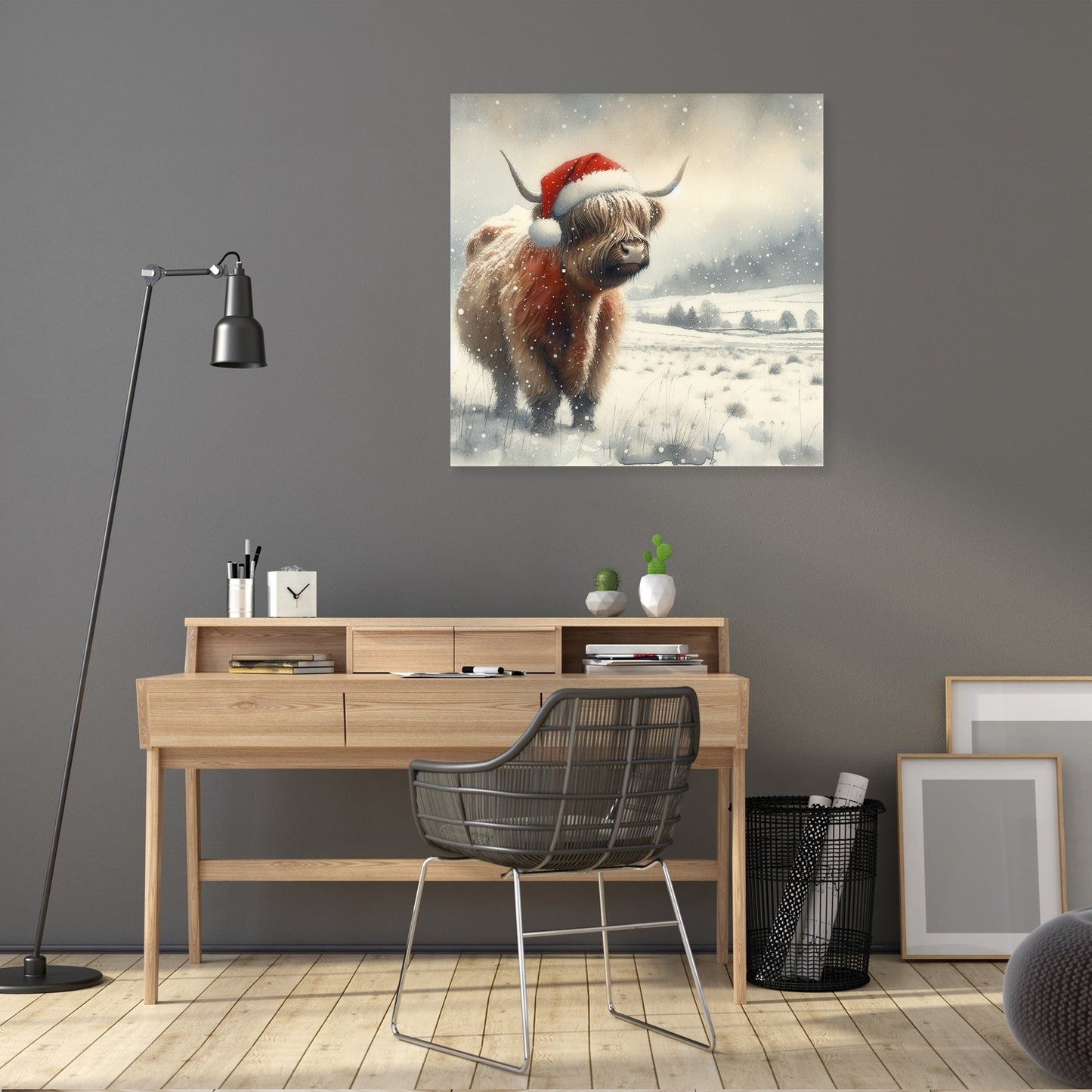 Highland Christmas Cow Watercolour Canvas