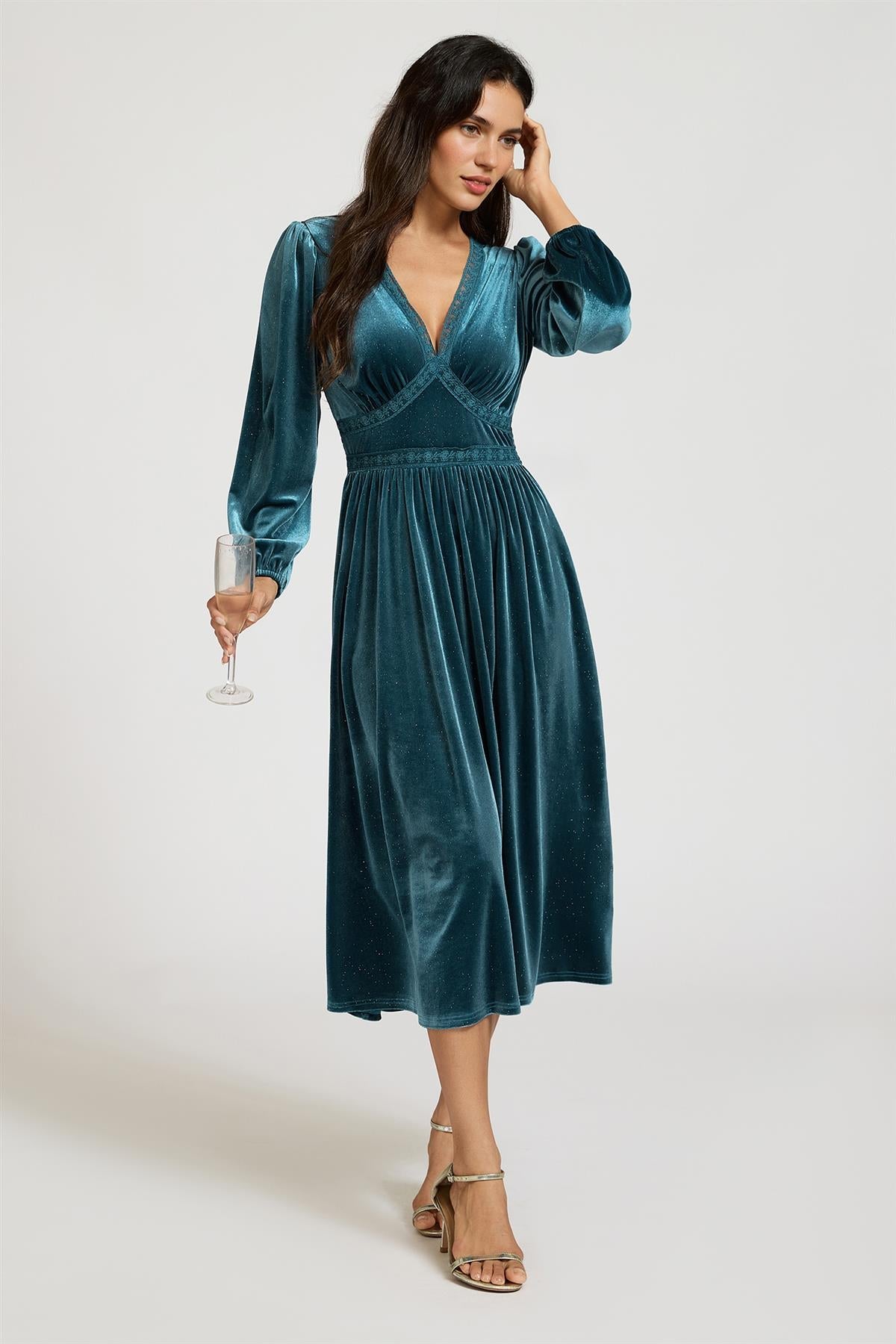 Silver Foil Velvet Lace Trim Neckline Midi Dress In Teal