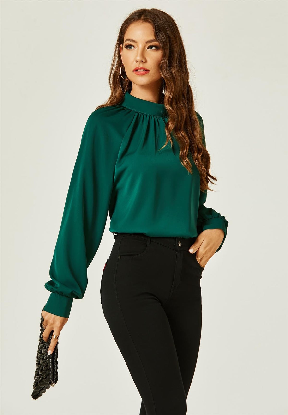 Halter Neck Long Sleeve Blouse Top In Green