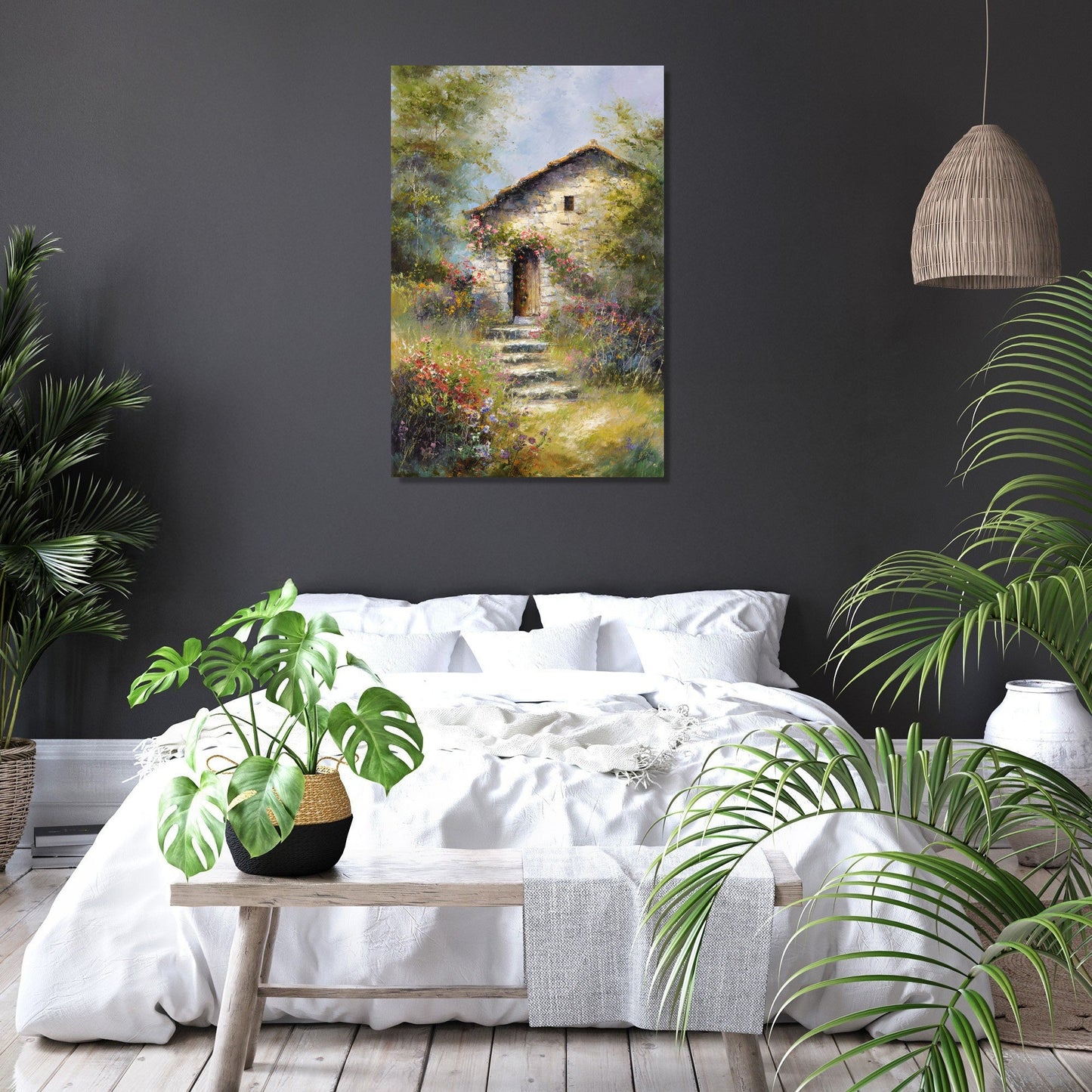 Stone Cottage on Hill Canvas