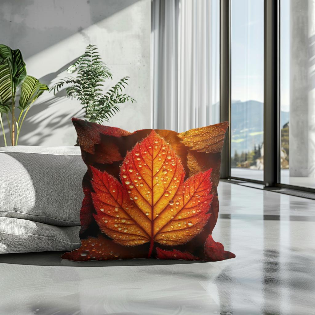 Dew-Kissed Autumn Leaf Cotton Cushion
