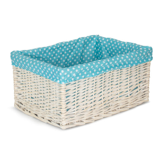 Extra Large White Wash Willow Storage Basket with Blue Spotty Lining