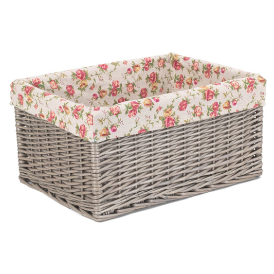 Extra Large Antique Wash Willow Storage Basket with Garden Rose Lining