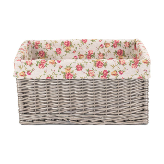 Extra Large Antique Wash Willow Storage Basket with Garden Rose Lining