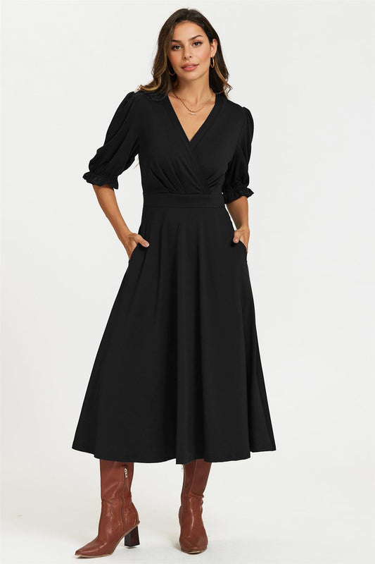 Half Sleeves Jersey Midi Dress with Wrap Neckline In Black