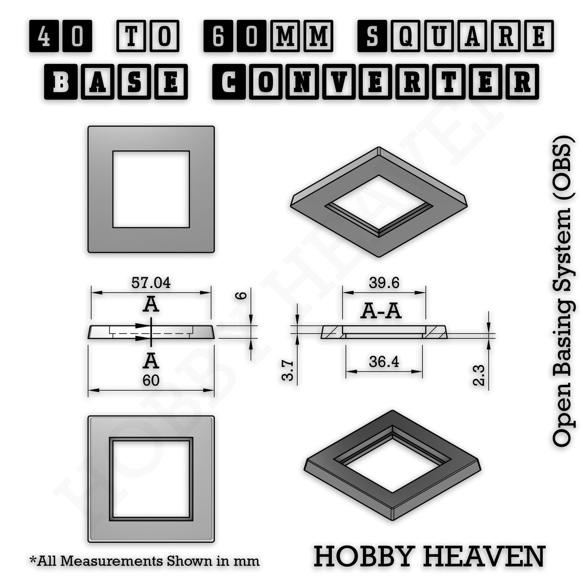 Square to Square Base Converters 3D Print Full Range