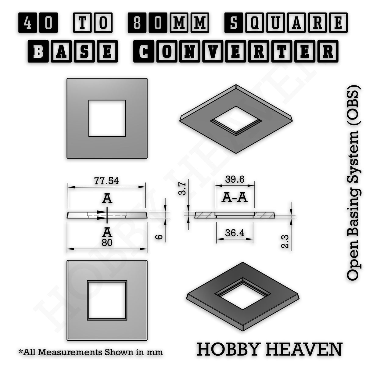 Square to Square Base Converters 3D Print Full Range