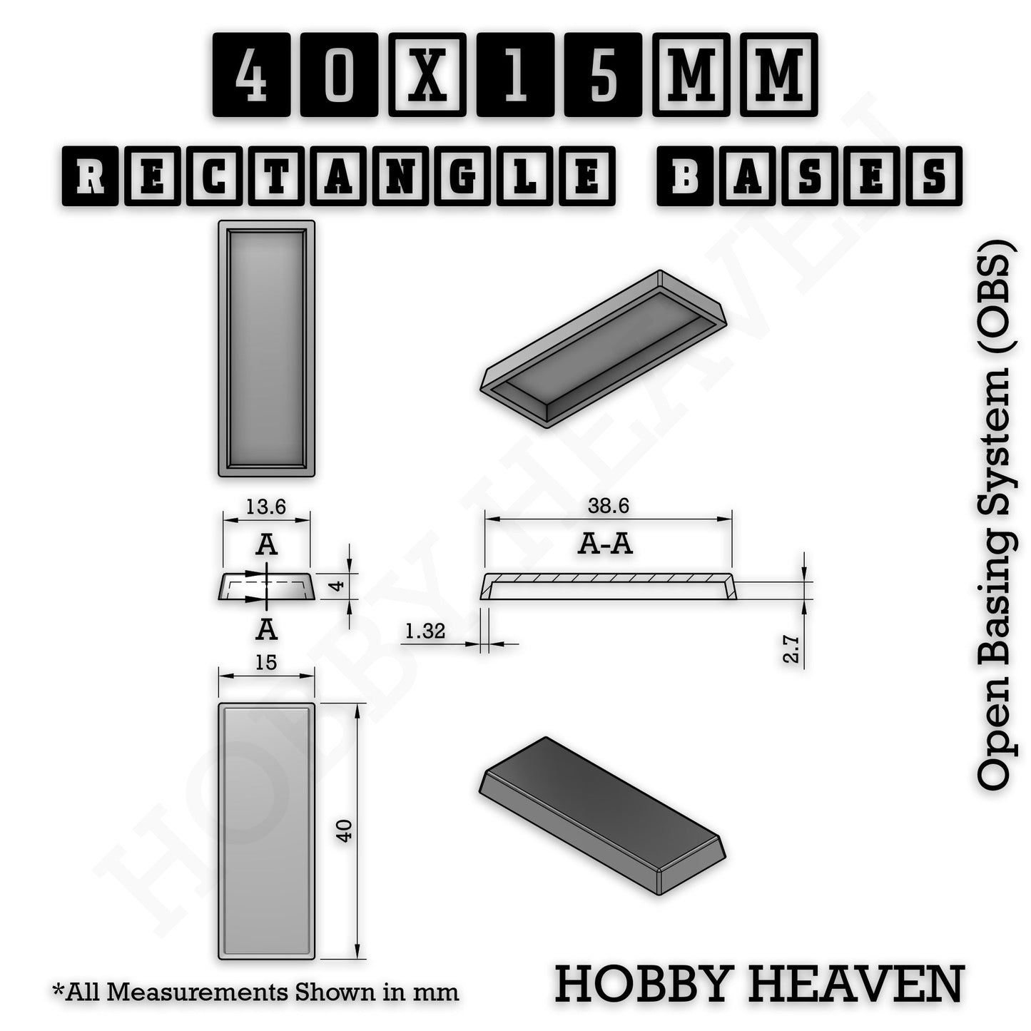 Rectangle Bases Medium Sizes - 75x30mm to 125x40mm and up to 100x90mm Wide - 3D Print Tabletop Games