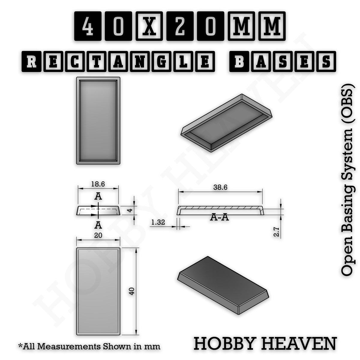 Rectangle Bases Small Sizes - 20x15mm to 75x25mm and up to 60x50mm Wide - 3D Print Tabletop Games
