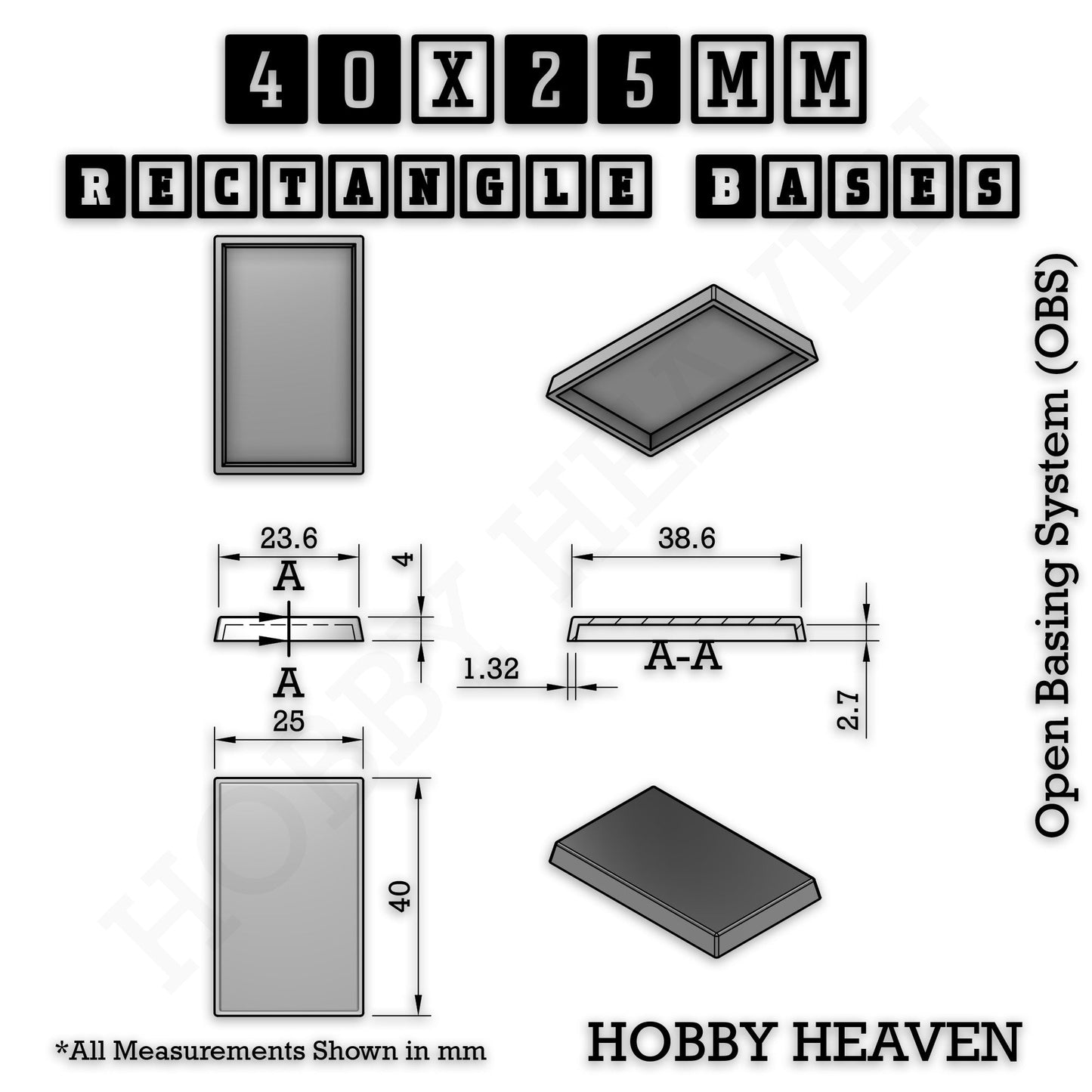 Rectangle Bases Small Sizes - 20x15mm to 75x25mm and up to 60x50mm Wide - 3D Print Tabletop Games