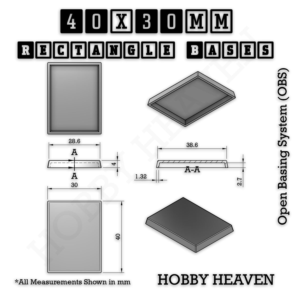 Rectangle Bases Medium Sizes - 75x30mm to 125x40mm and up to 100x90mm Wide - 3D Print Tabletop Games
