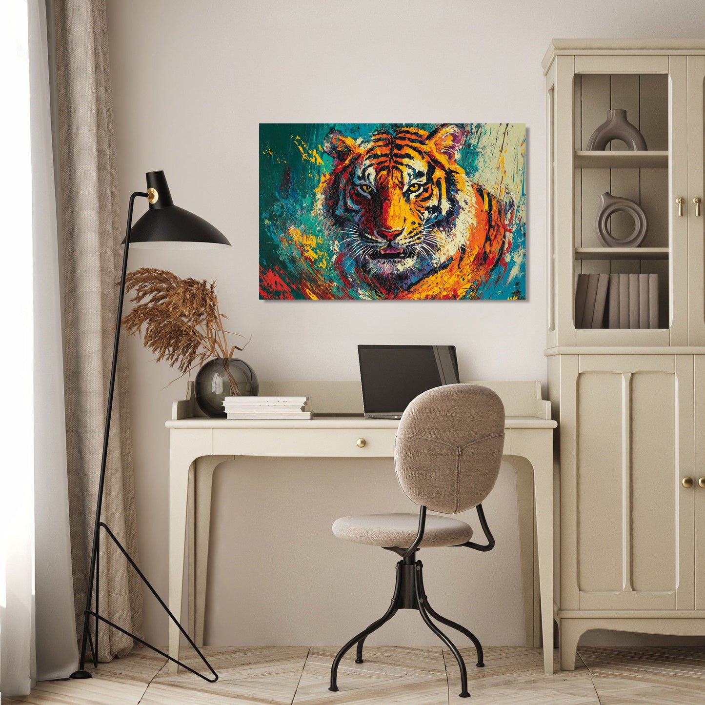 Fierce Tiger on Green Canvas