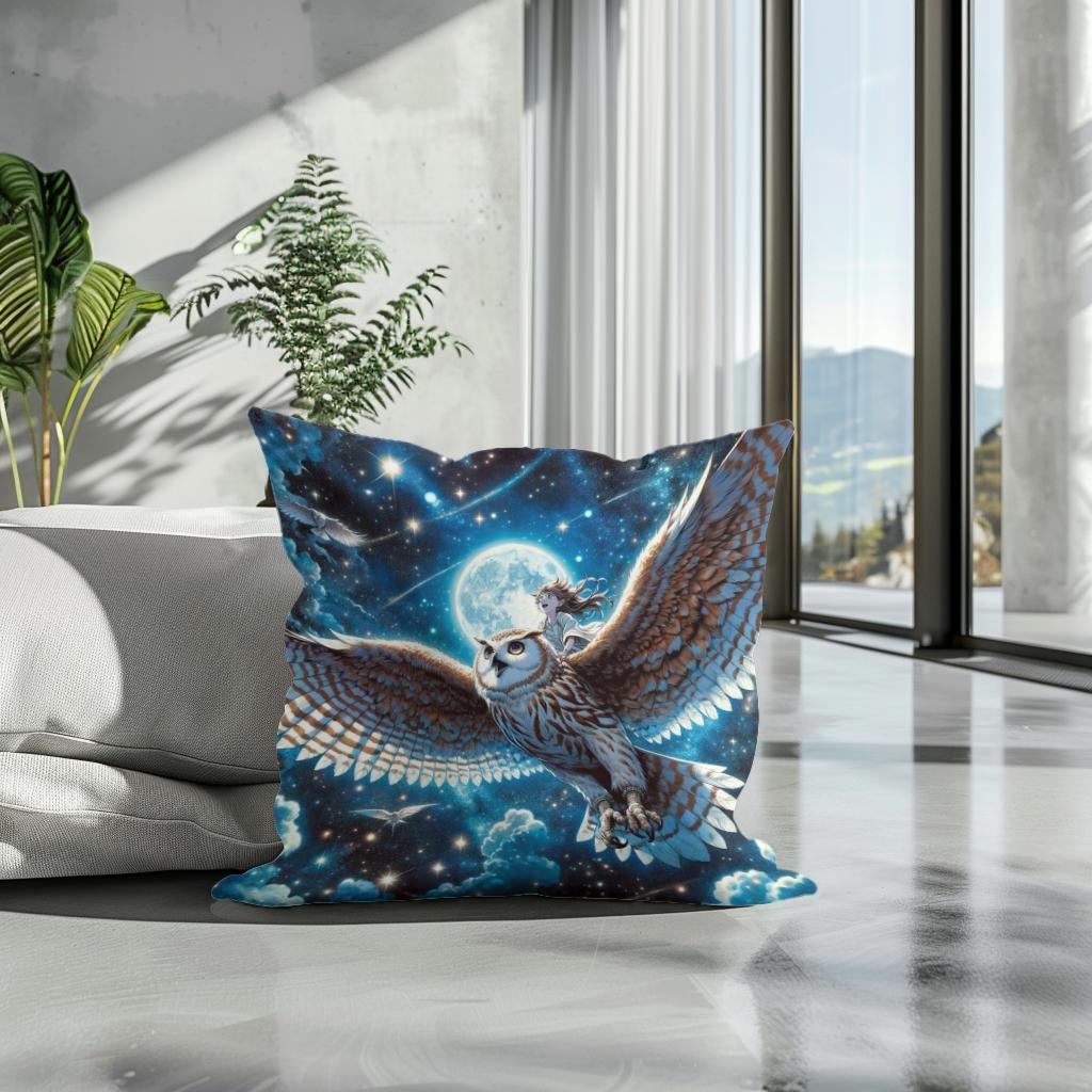 Moonlit Owl Ride Cotton Cushion