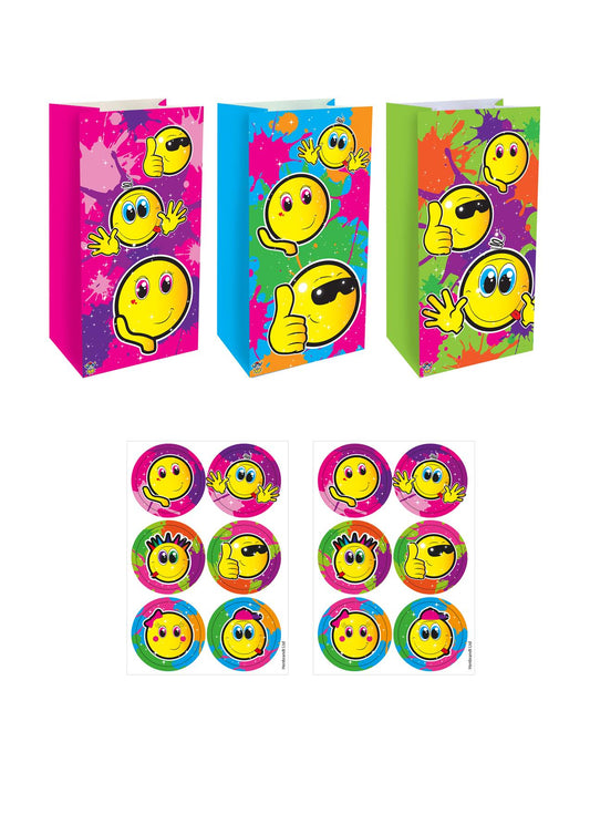 Yellow Smile Paper Party Bags with Stickers (3 Assorted Designs) Pack of 12