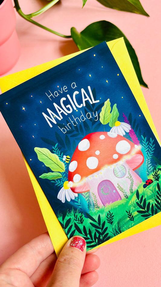 Magical Handmade Birthday Card- Cute Fairy Mushroom Cottage
