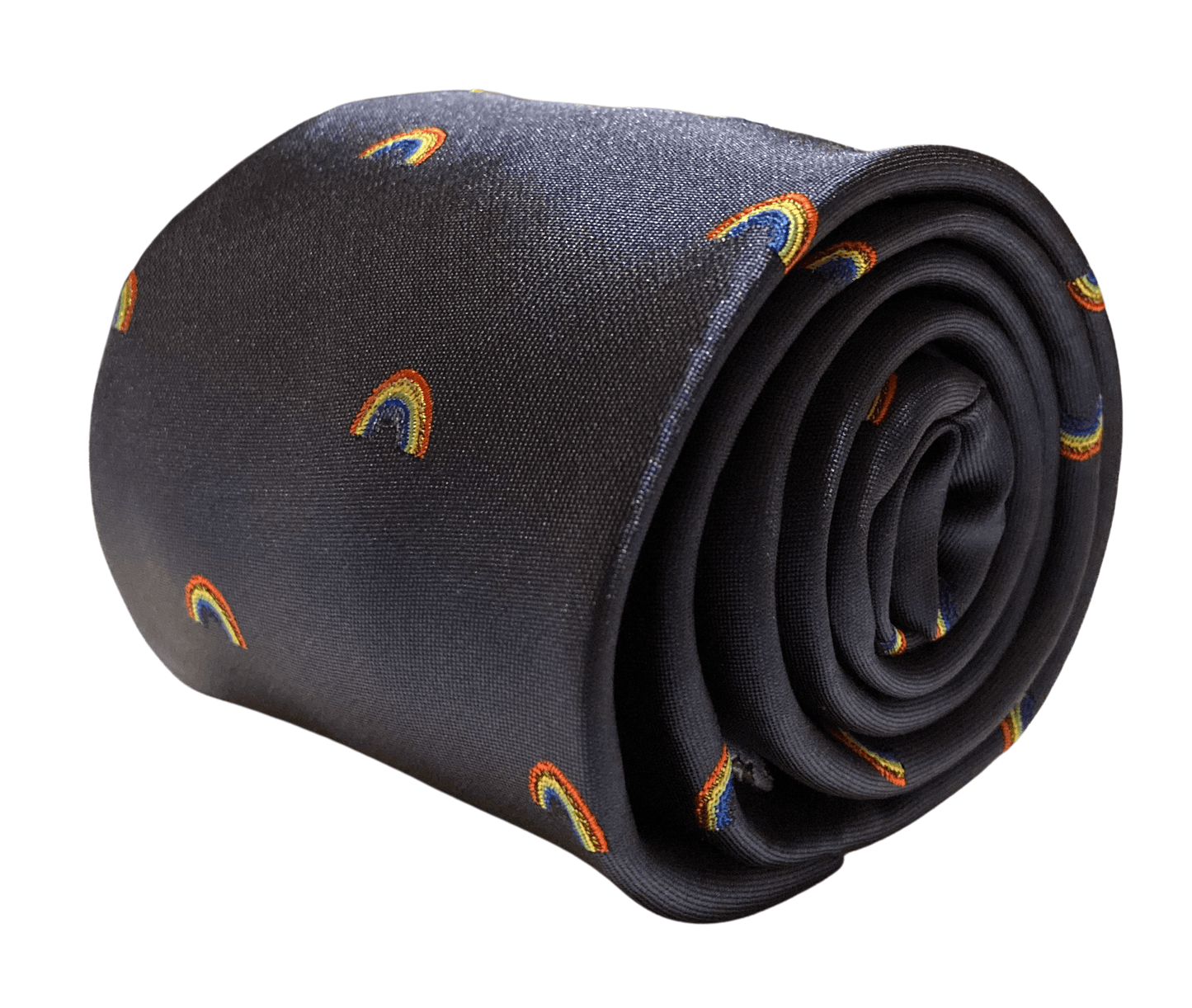 navy  tie with embroidered rainbow design