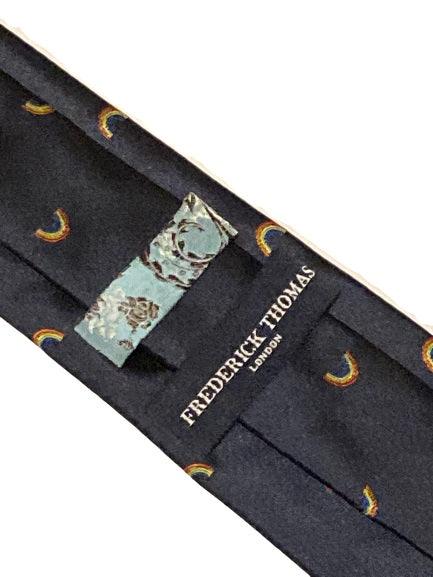 navy  tie with embroidered rainbow design