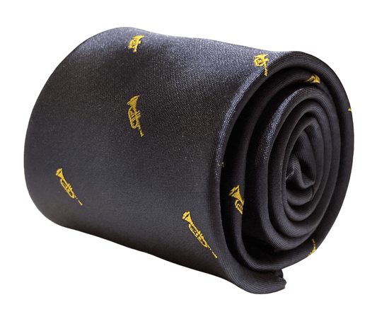 navy  tie with embroidered trumpet design