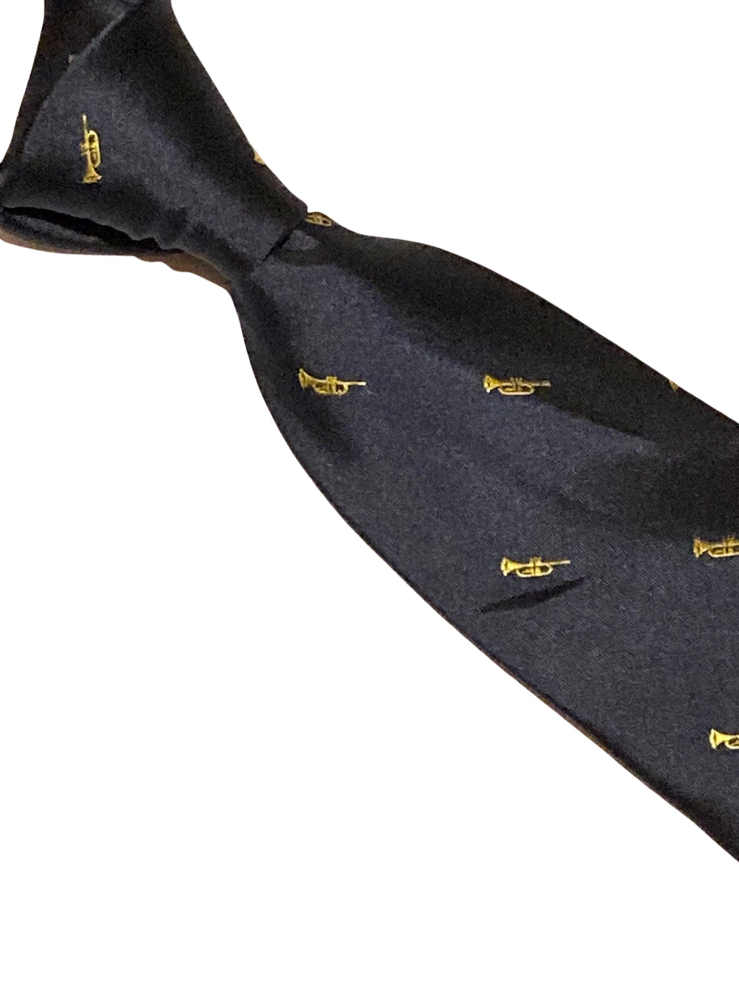 navy  tie with embroidered trumpet design