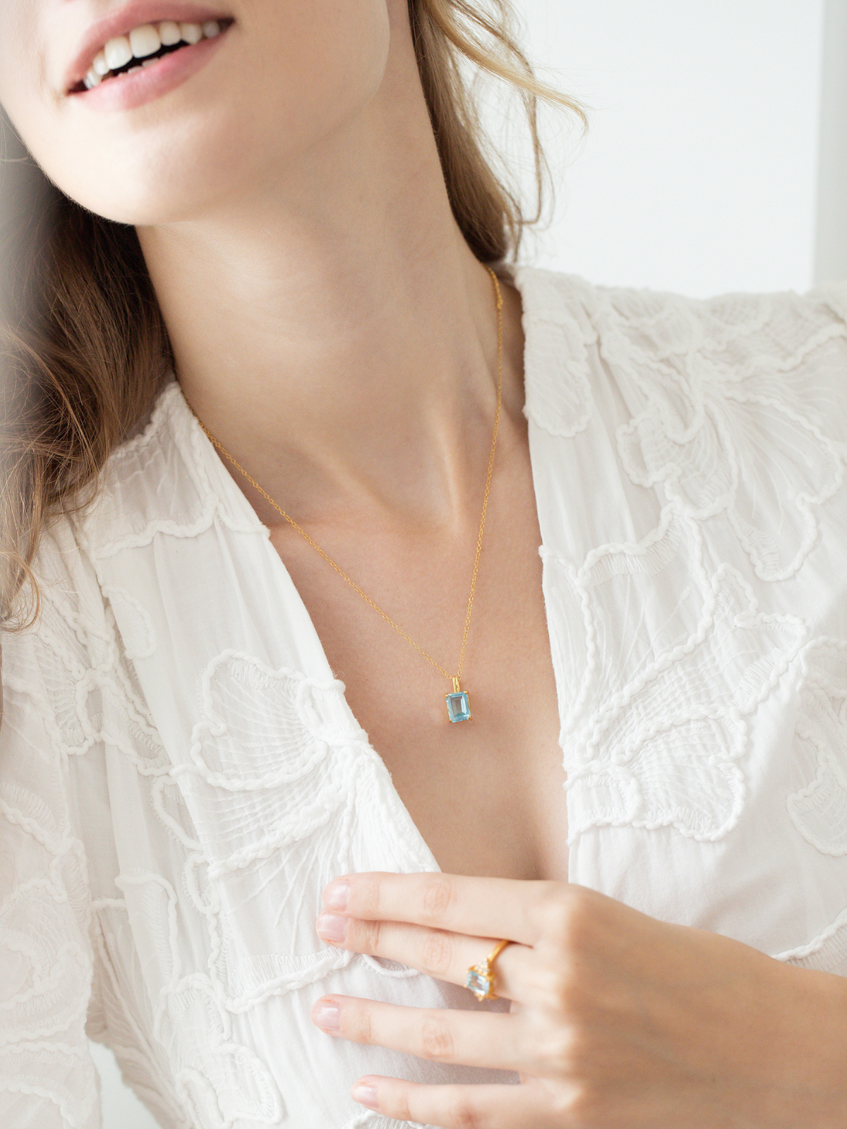 Blue topaz Emerald Cut Pendant Necklace in 18k Gold Vermeil
