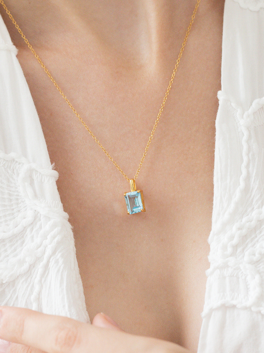 Blue topaz Emerald Cut Pendant Necklace in 18k Gold Vermeil