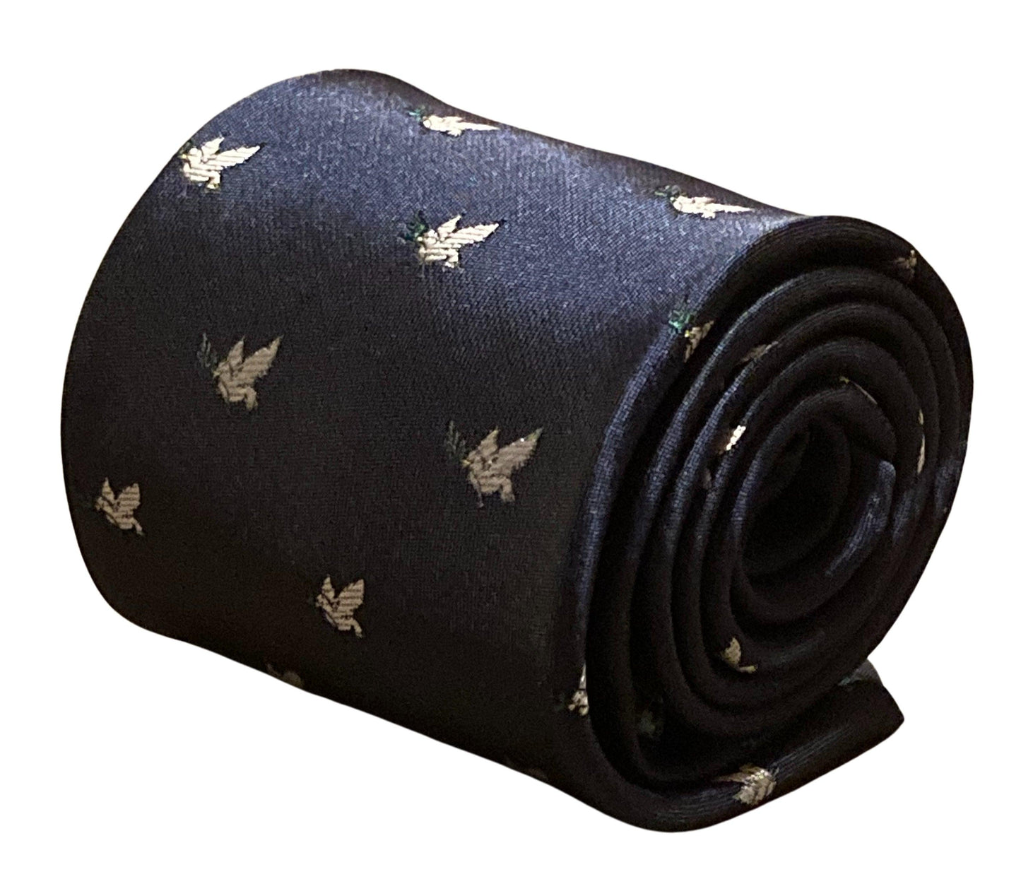 navy blue mens tie with white dove embroidered peace design