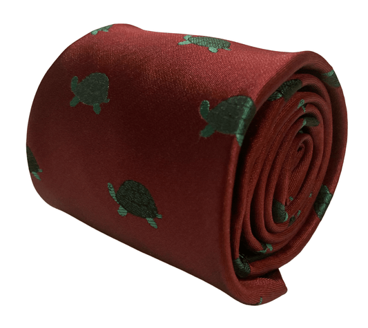 maroon burgundy dark red  tie with green turtle marine design