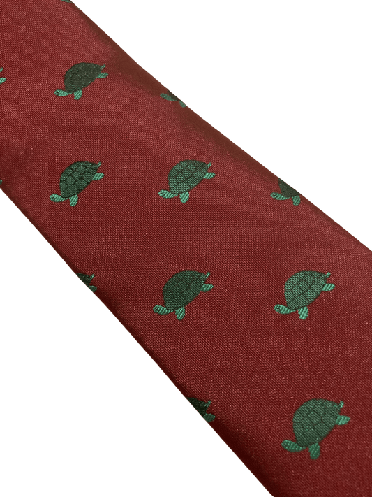 maroon burgundy dark red  tie with green turtle marine design