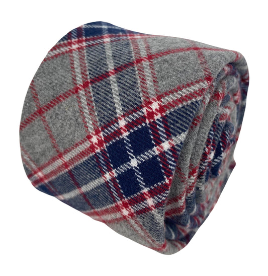 light pale grey, navy & red check mens cotton tie