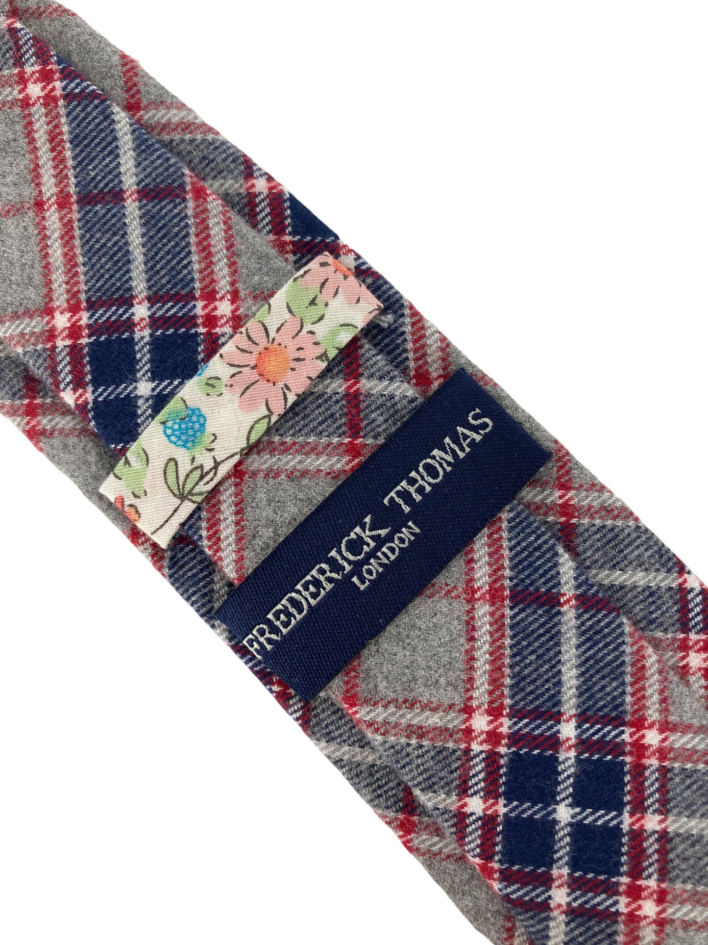 light pale grey, navy & red check mens cotton tie
