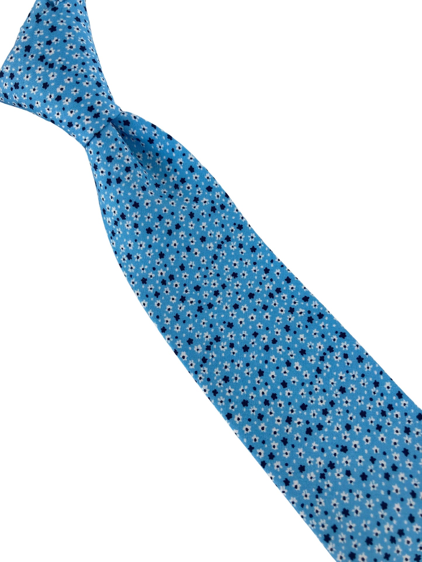 light pastel baby blue  cotton tie with ditsy navy & white floral print