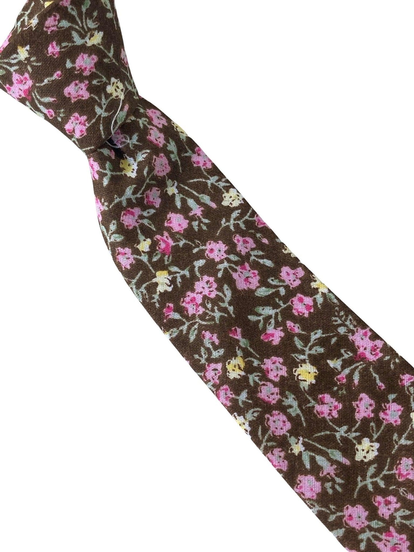 brown with pink floral design mens classic width 100% cotton tie