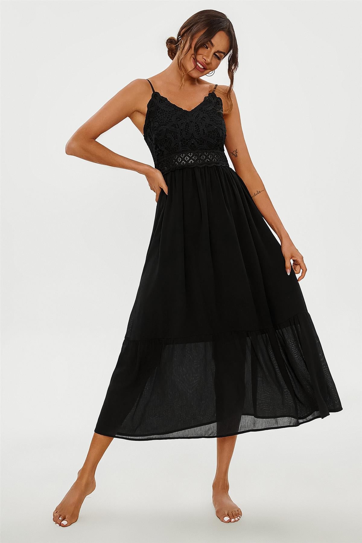 Lace Embroidery Anglaise Maxi Slip Dress In Black