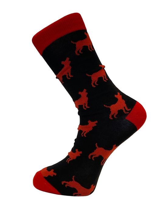 black and red mens socks with dog design