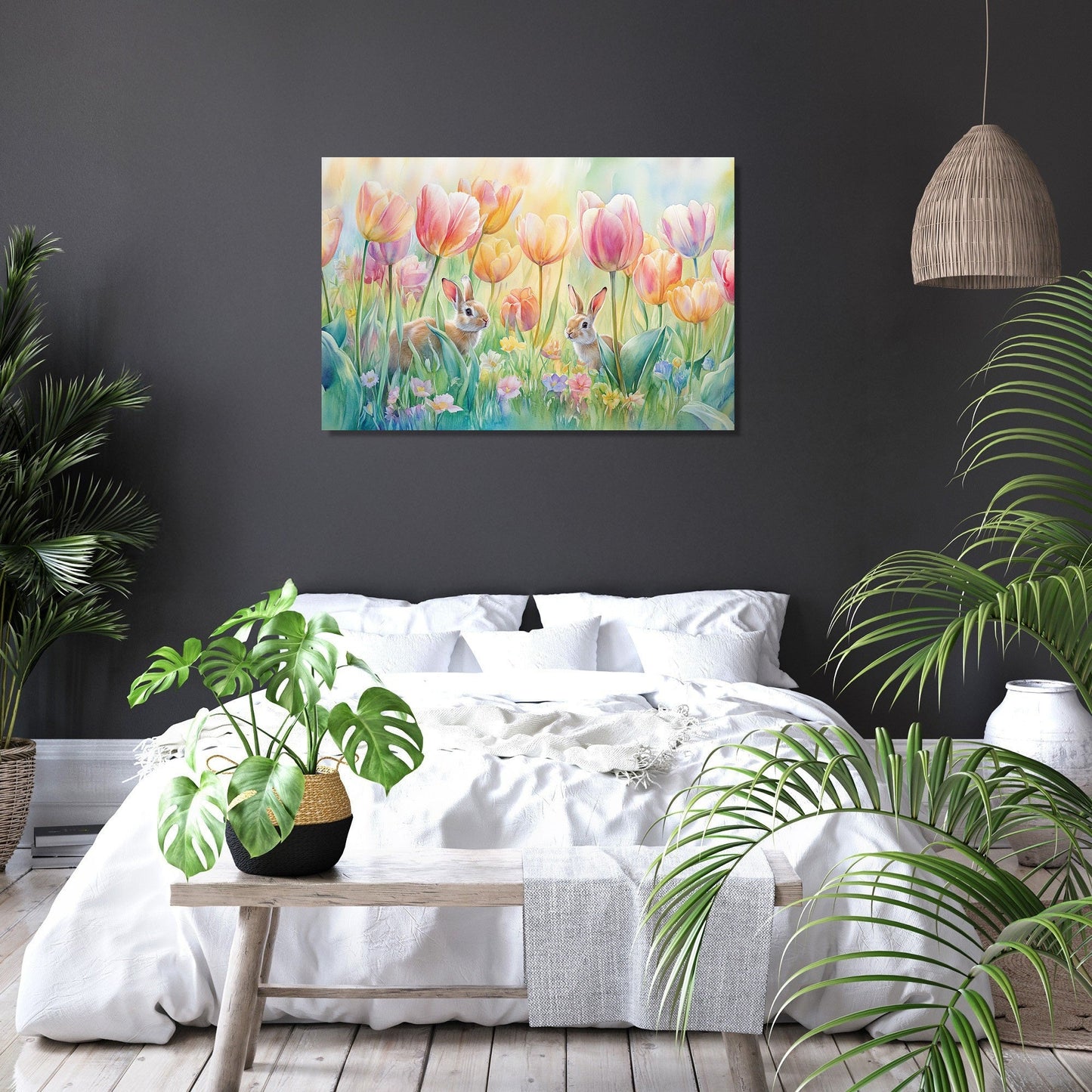 Tulip Meadow and Rabbits Canvas