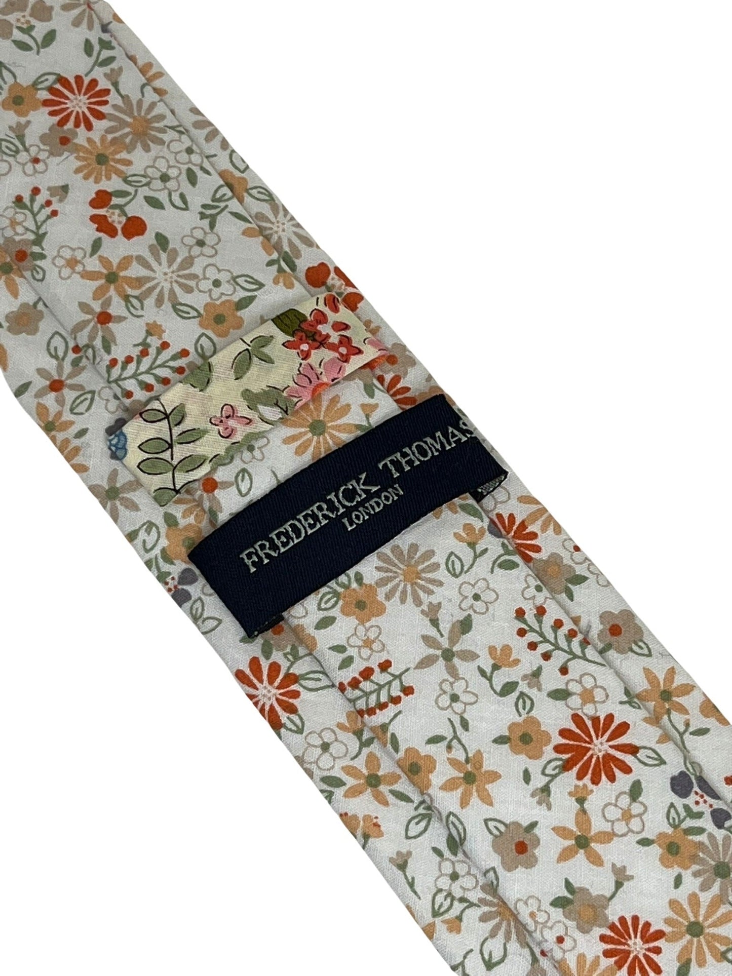 ivory white mens cotton tie with mustard yellow, red flower-s floral design