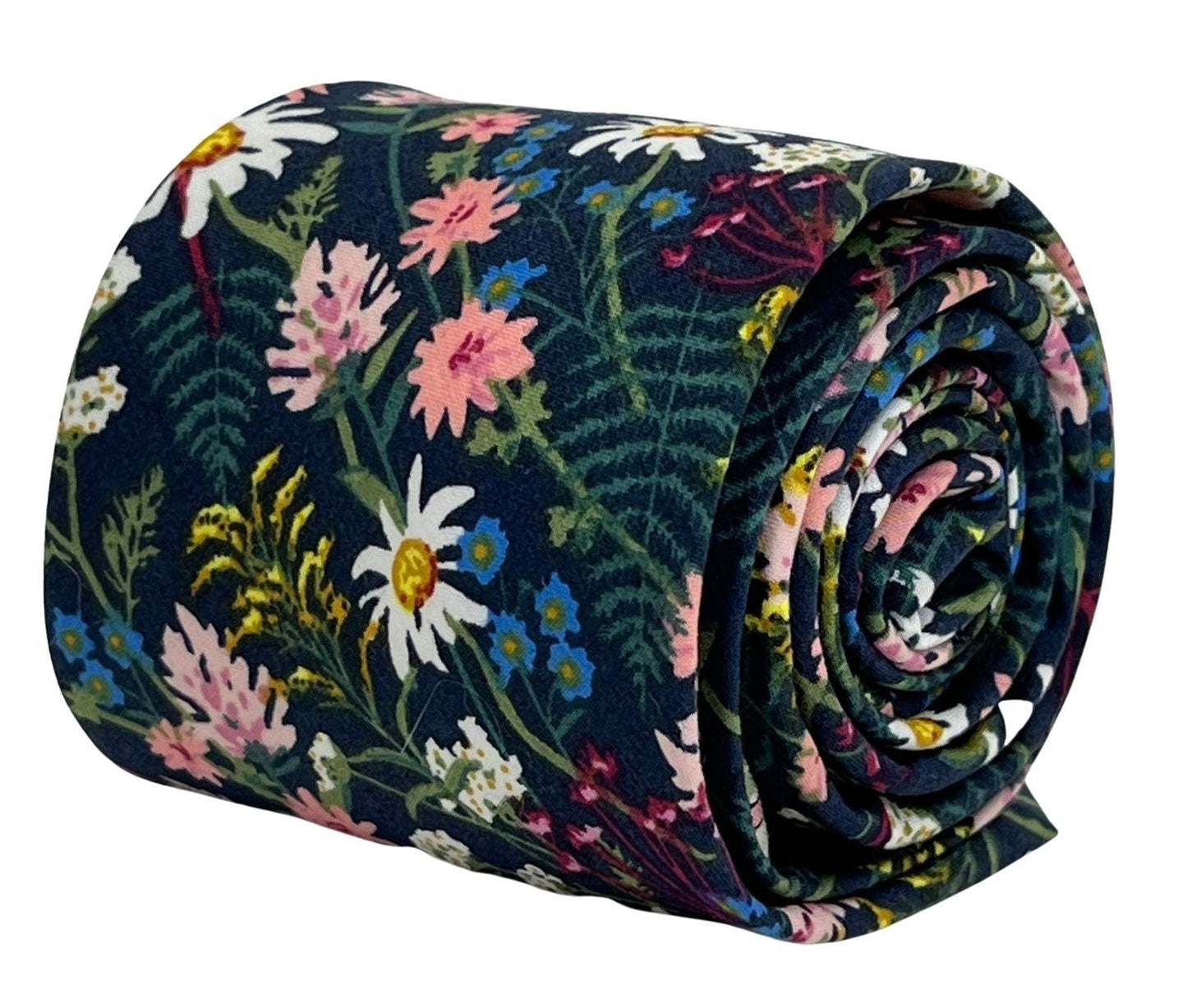 navy blue cotton tie with wild English flower garden floral design