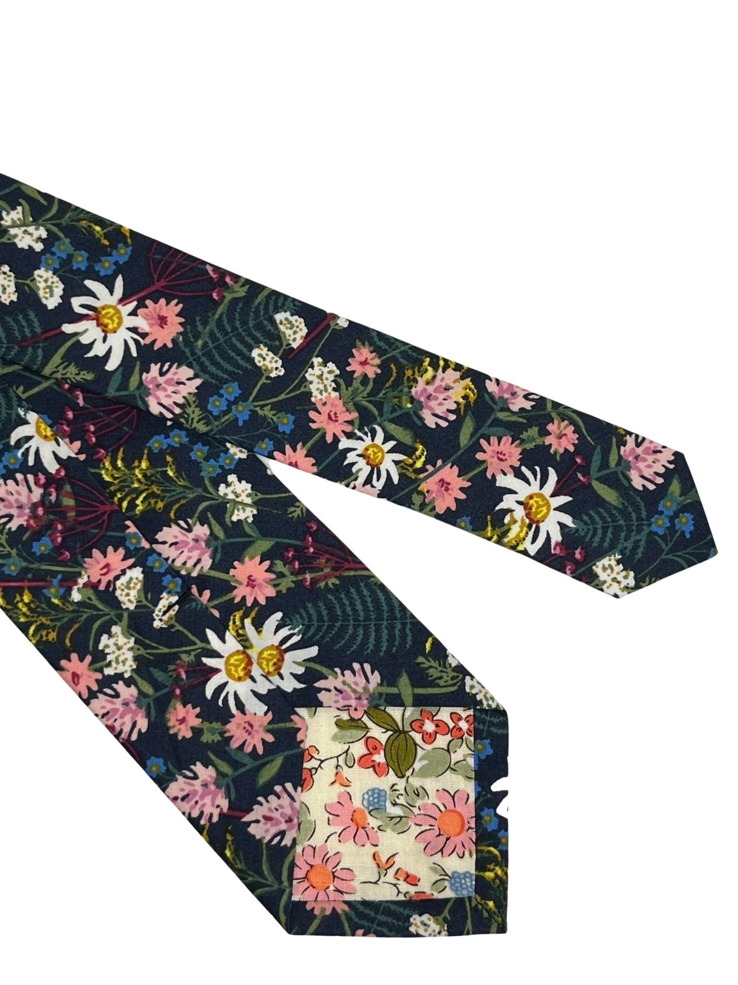 navy blue cotton tie with wild English flower garden floral design