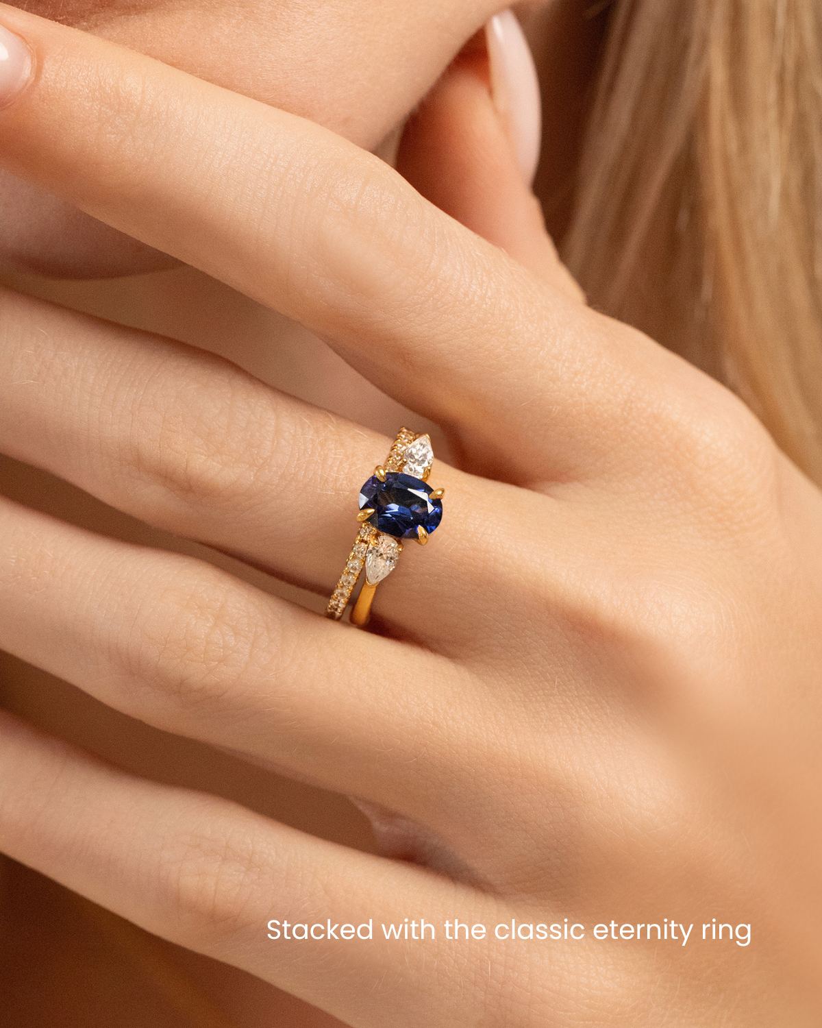 Blue Sapphire Oval Three Stone Engagement Ring in 18k Gold Vermeil