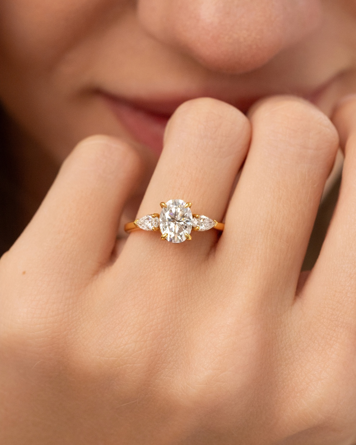 2 ct Oval Moissanite Three Stone Engagement Ring in 18k Gold Vermeil