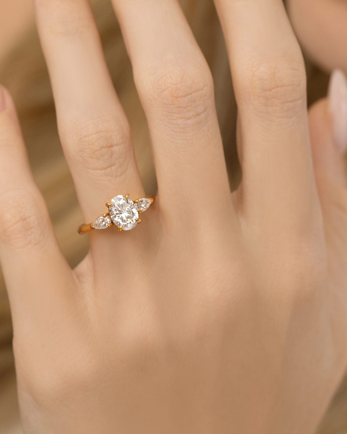 2 ct Oval Moissanite Three Stone Engagement Ring in 18k Gold Vermeil