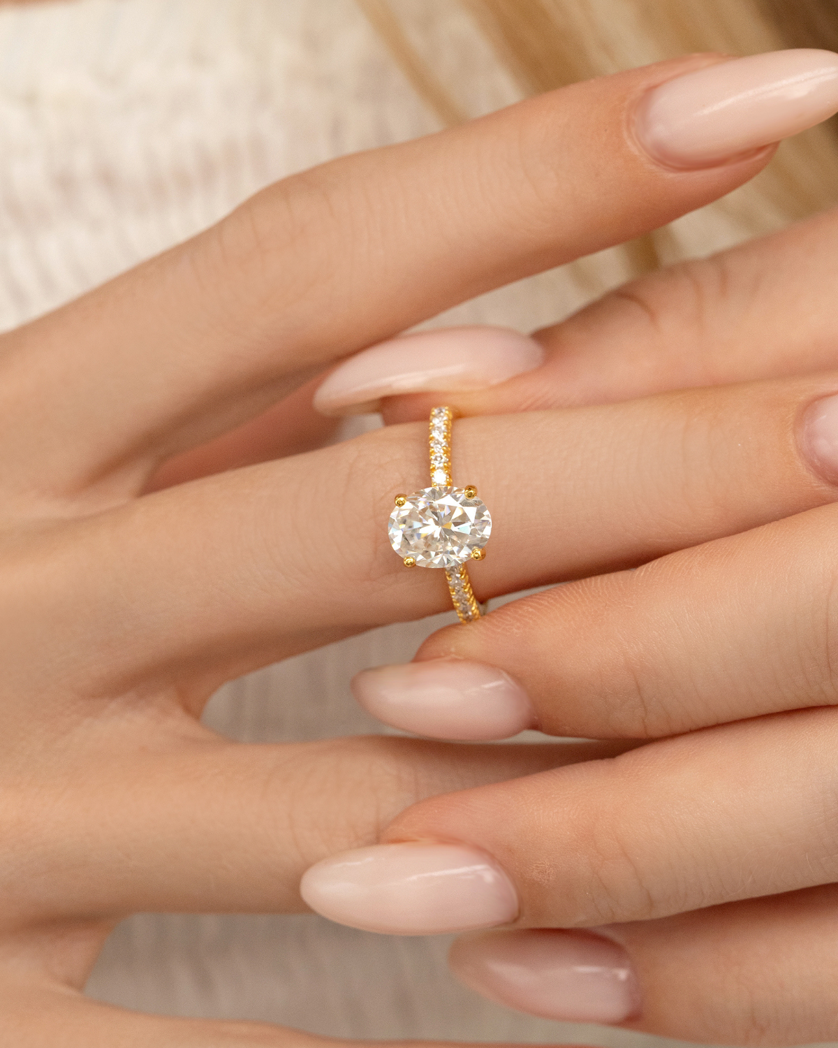 2 ct Oval Solitaire Moissanite Engagement Ring with Pavé Band in 18k Gold Vermeil