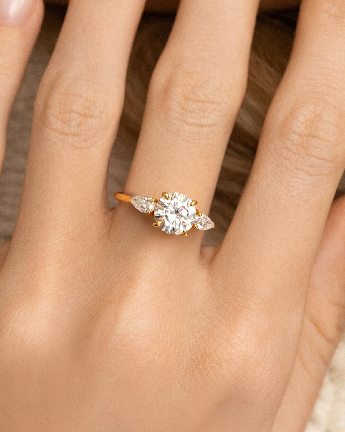 2 ct Round Moissanite Three Stone Engagement Ring in 18k Gold Vermeil