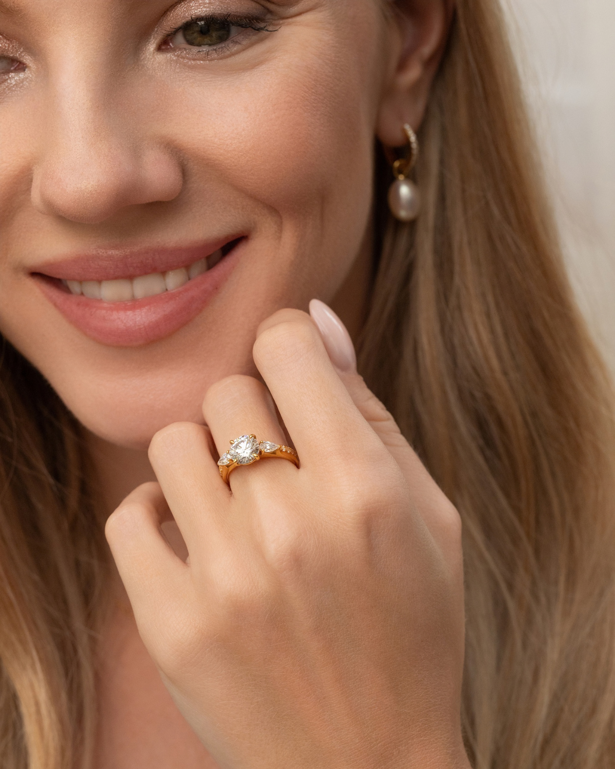 2 ct Round Moissanite Three Stone Engagement Ring in 18k Gold Vermeil