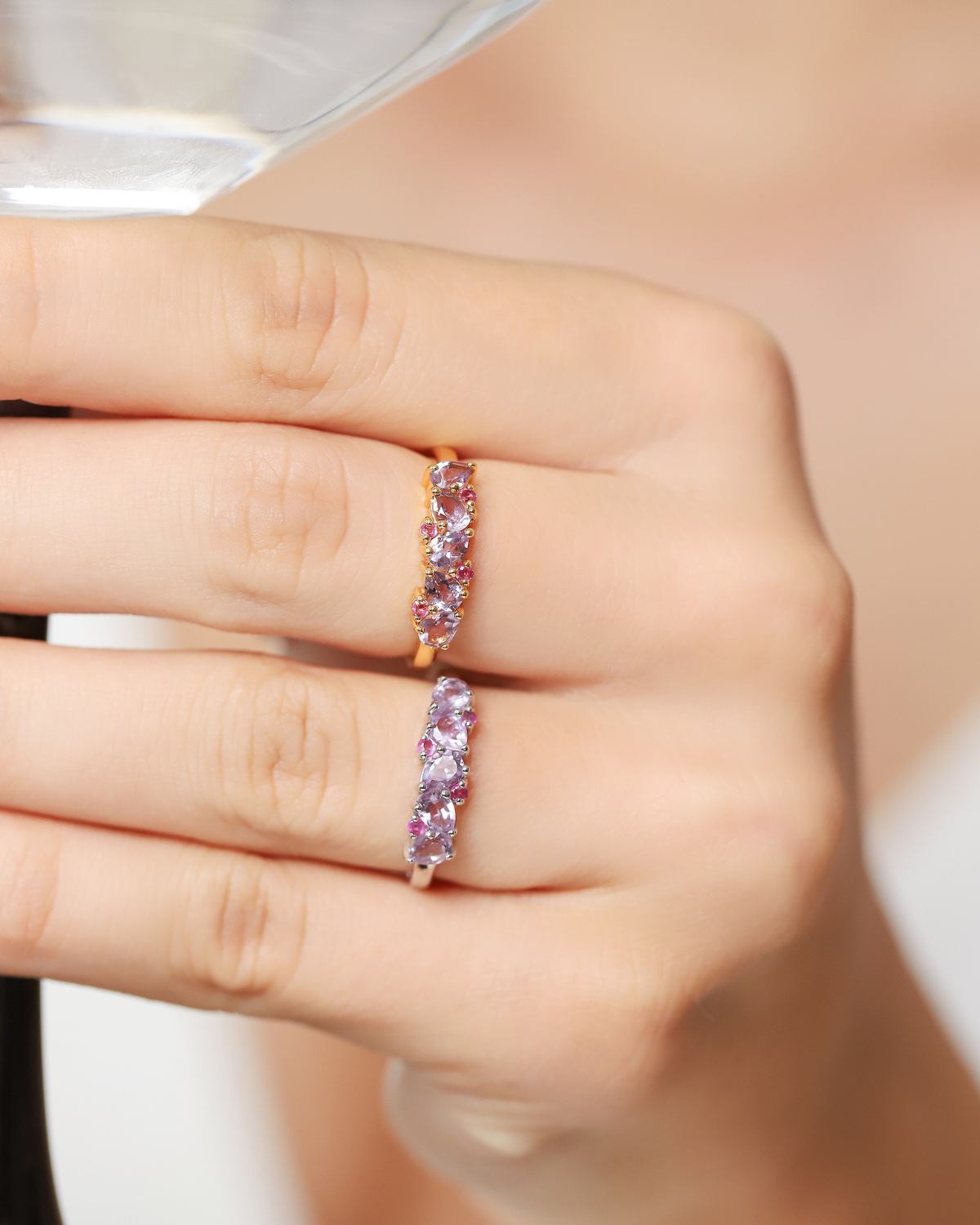Pink Ruby & Amethyst Pear Cut Half Eternity Band in 18k Gold Vermeil