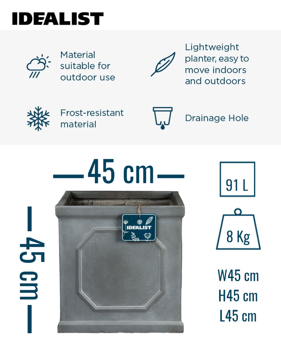 IDEALIST Lite Chelsea Flower Box Square Garden Planter, Faux Lead Grey Light Stone Outdoor Large Plant Pot W45 H45 L45 cm, 91L