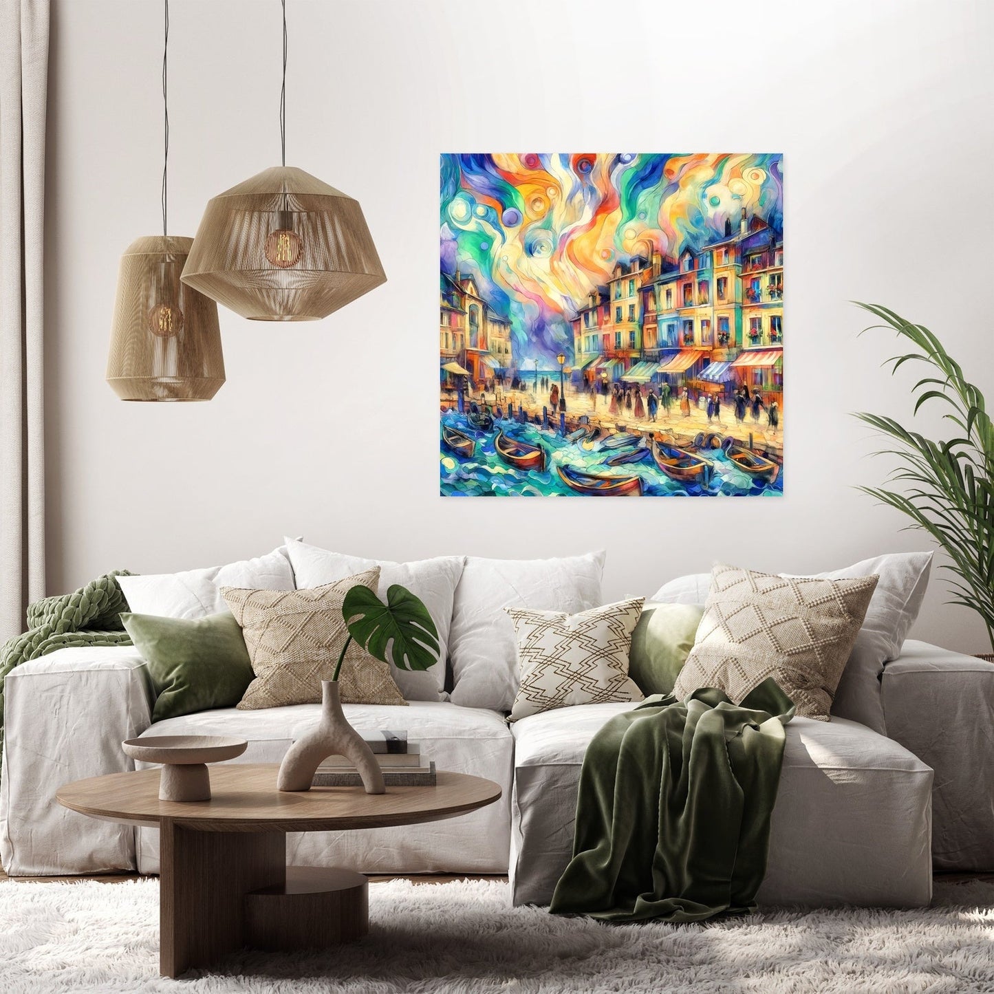 Whimsical Seaside Village Canvas