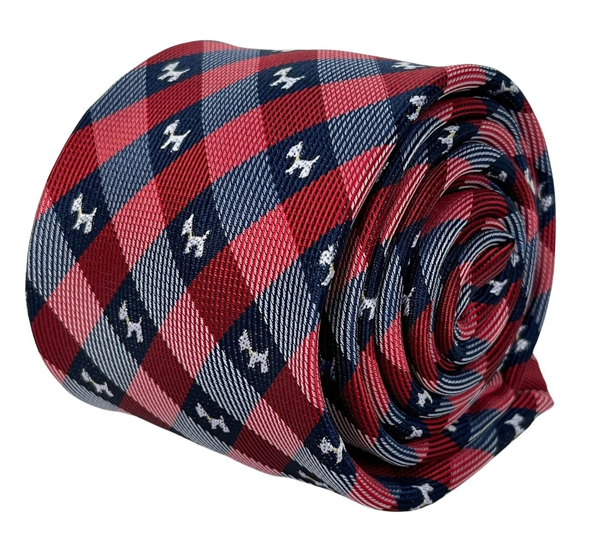 red and dark navy blue plaid gingham style  tie with scottie dog, Scottish Terrier design