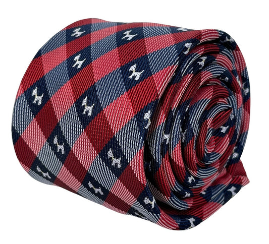 red and dark navy blue plaid gingham style  tie with scottie dog, Scottish Terrier design