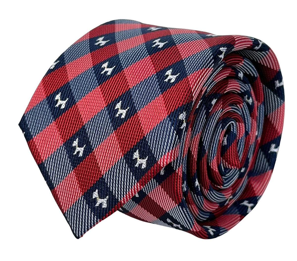 red and dark navy blue plaid gingham style  tie with scottie dog, Scottish Terrier design